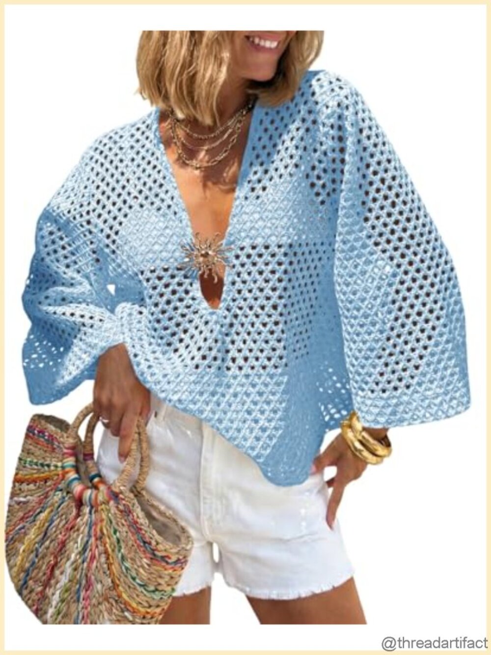 Womens Crochet Mesh Knit Swimsuit Cover Up Top 3/4 Sleeve V Neck Beach